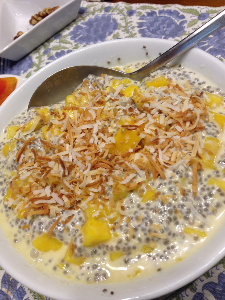 Tropical chia breakfast pudding with diced mangoes & toasted unsweetened coconut