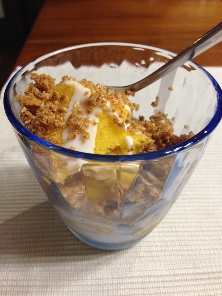 Mango sorbet with date-almond crumbles & coconut cream