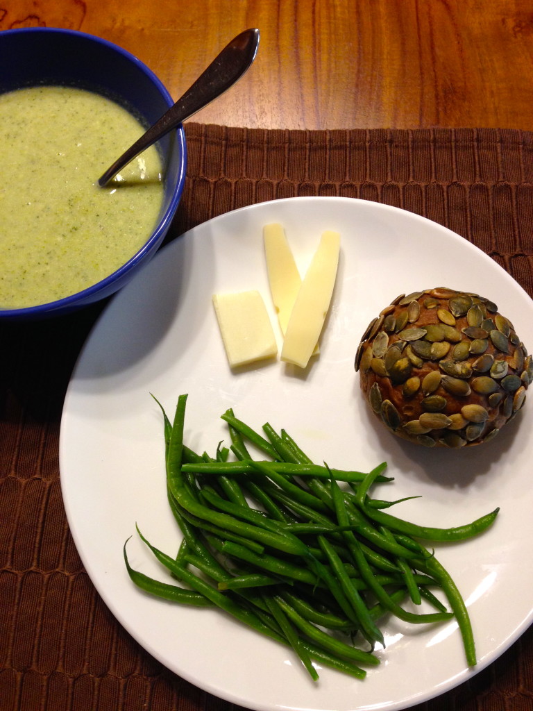 Broccoli cheese soup, green beans, cheese, pumpkin seed roll
