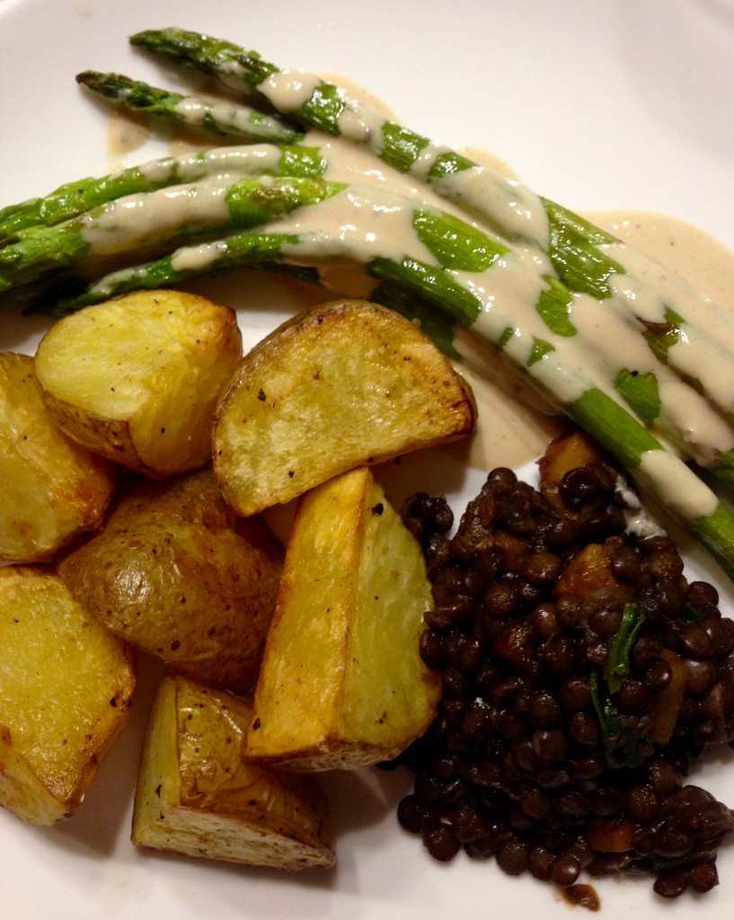 Puy lentils, roasted potatoes, asparagus with tahini dressing