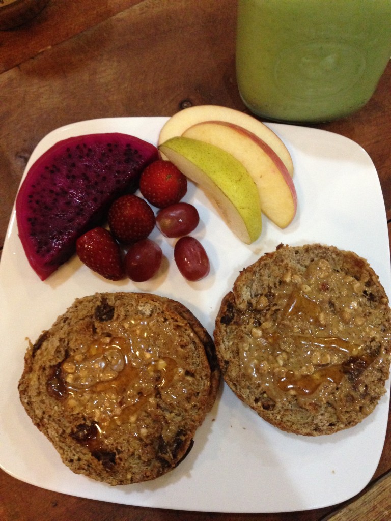 Breakfast #2: Ezekiel cinnamon raisin English muffin with almond butter & honey, fruit on the side