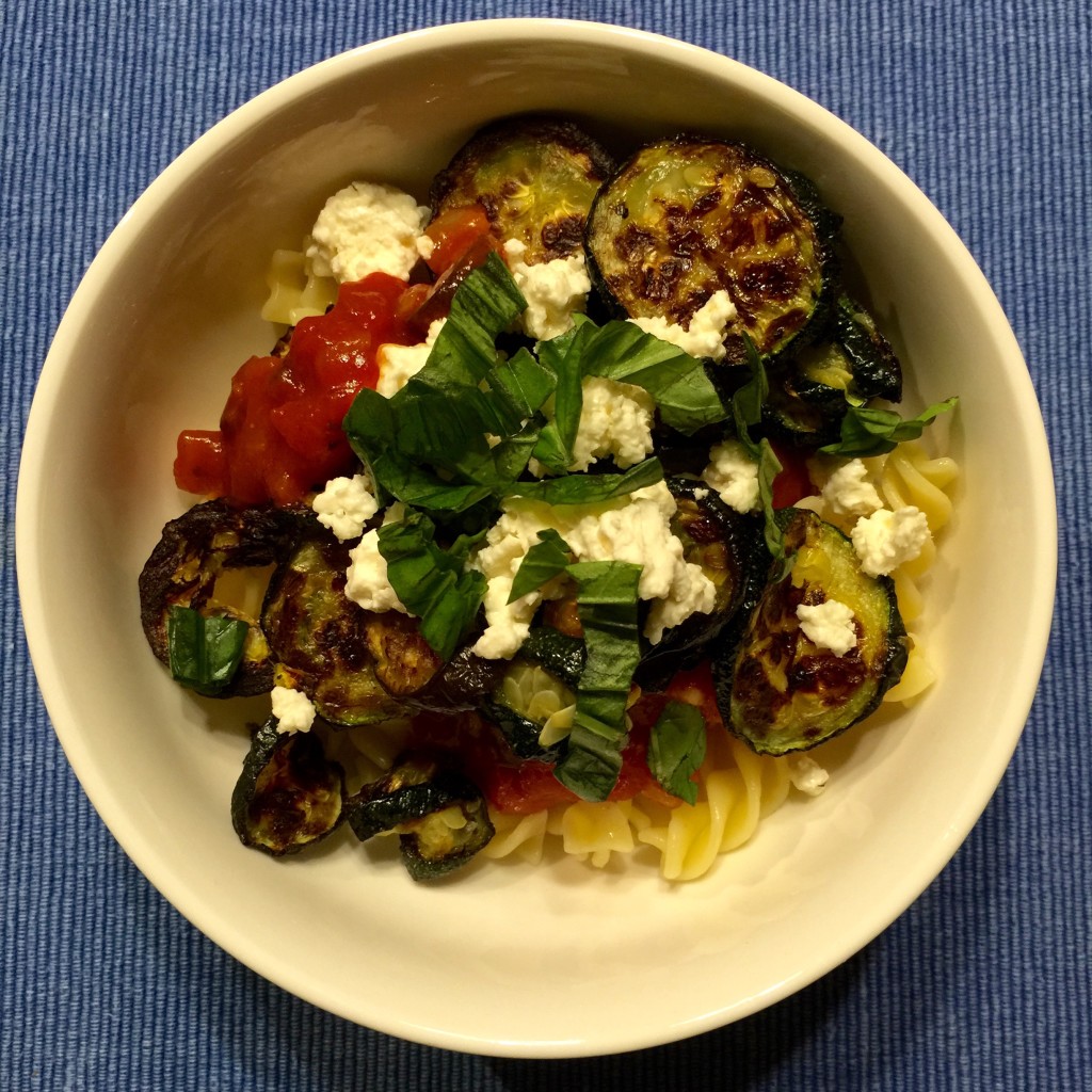 Dinner: pasta with roasted veggies, feta, & fresh basil