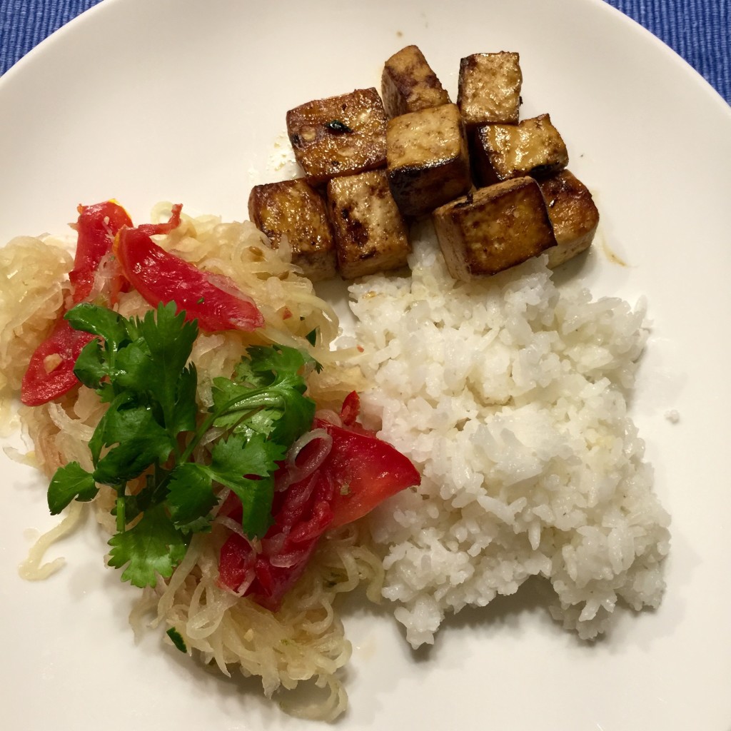 Baked tofu, coconut rice, Thai papaya salad