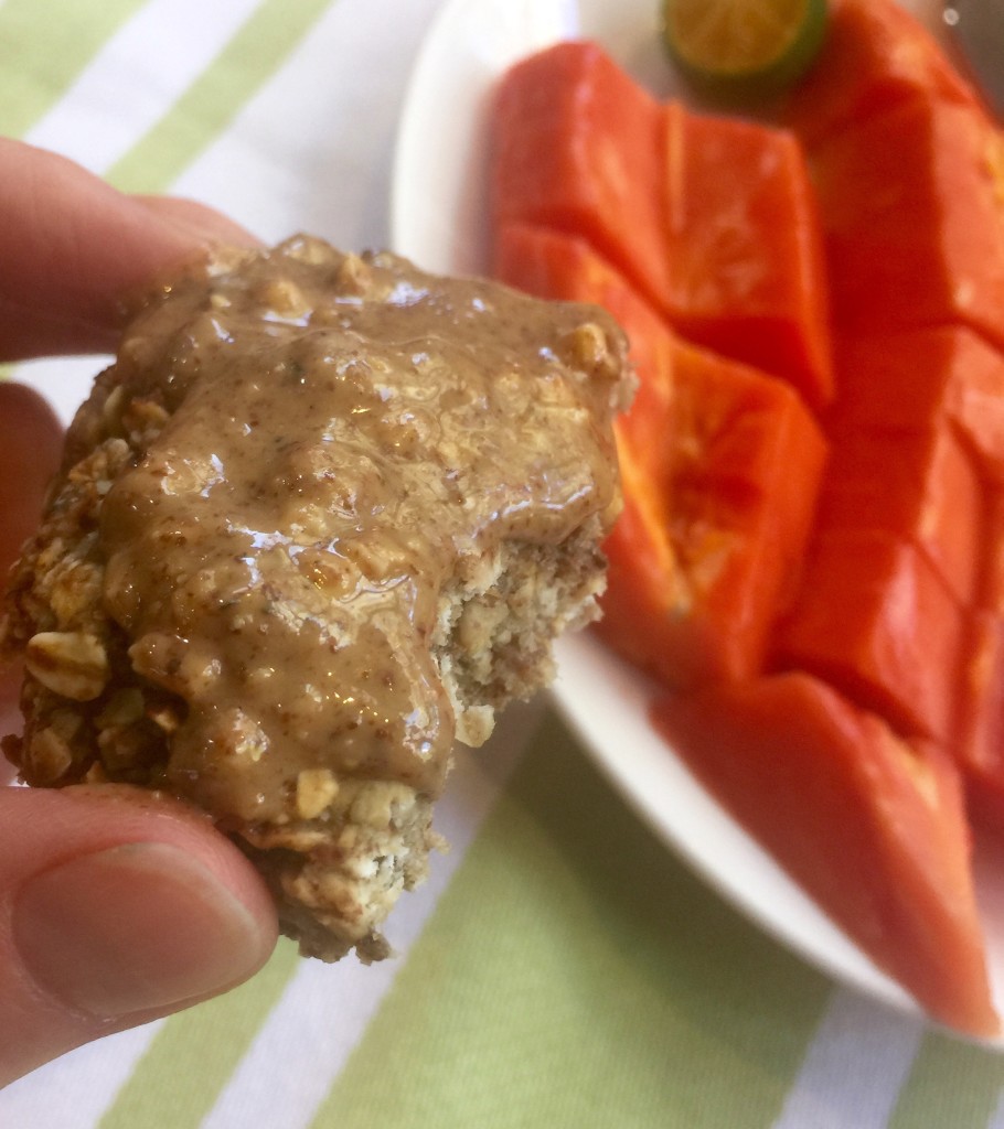 Banana oat cookie with almond butter, papaya