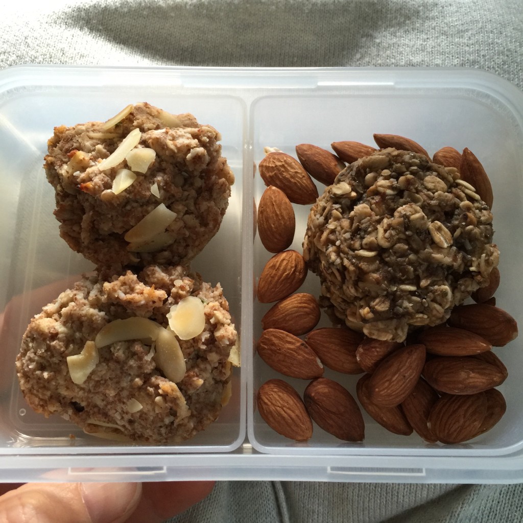 Apple Almond Meal Muffins (left), Banana Oat Cookies & raw almonds (right)