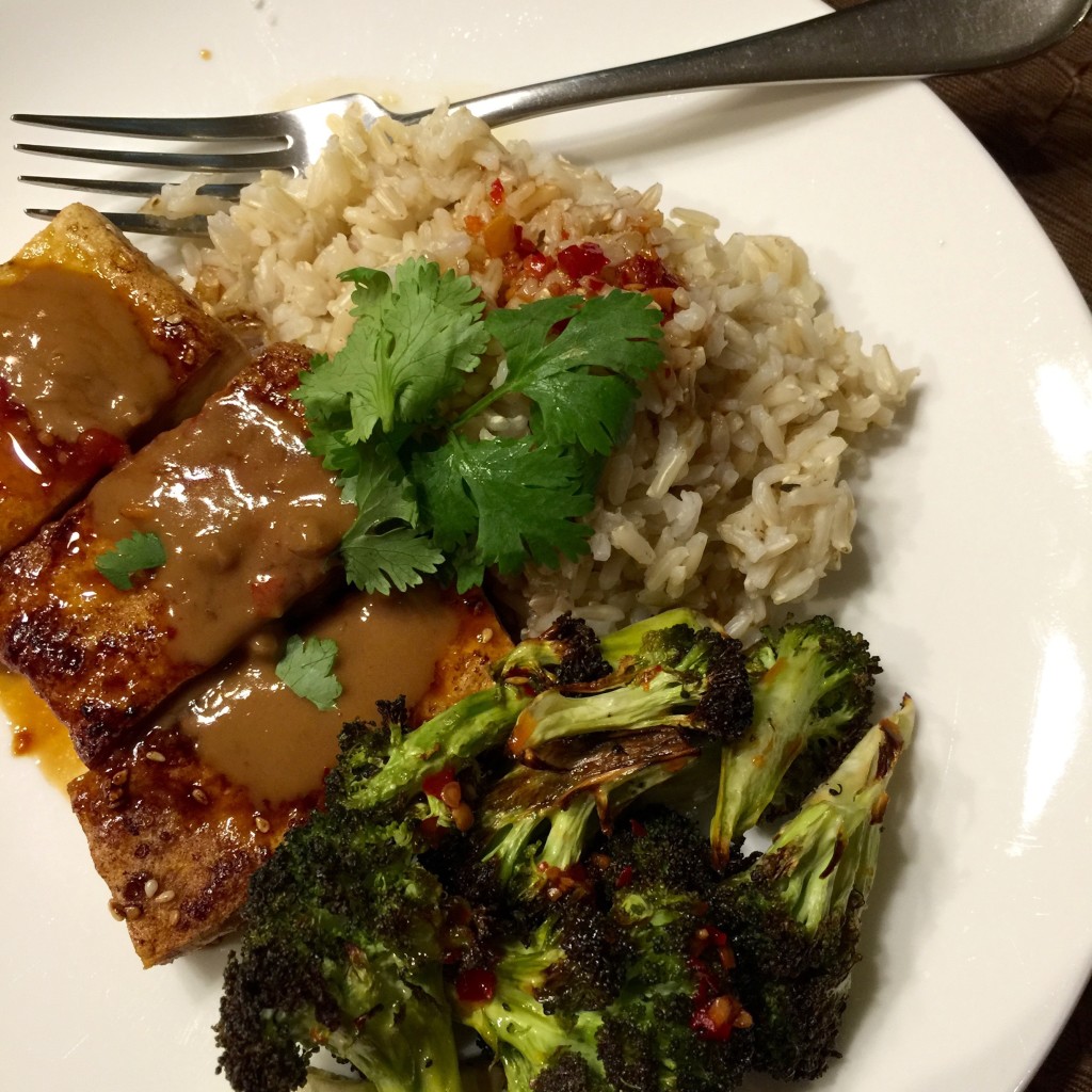 Tofu with peanut chili sauce, brown rice, roasted broccoli