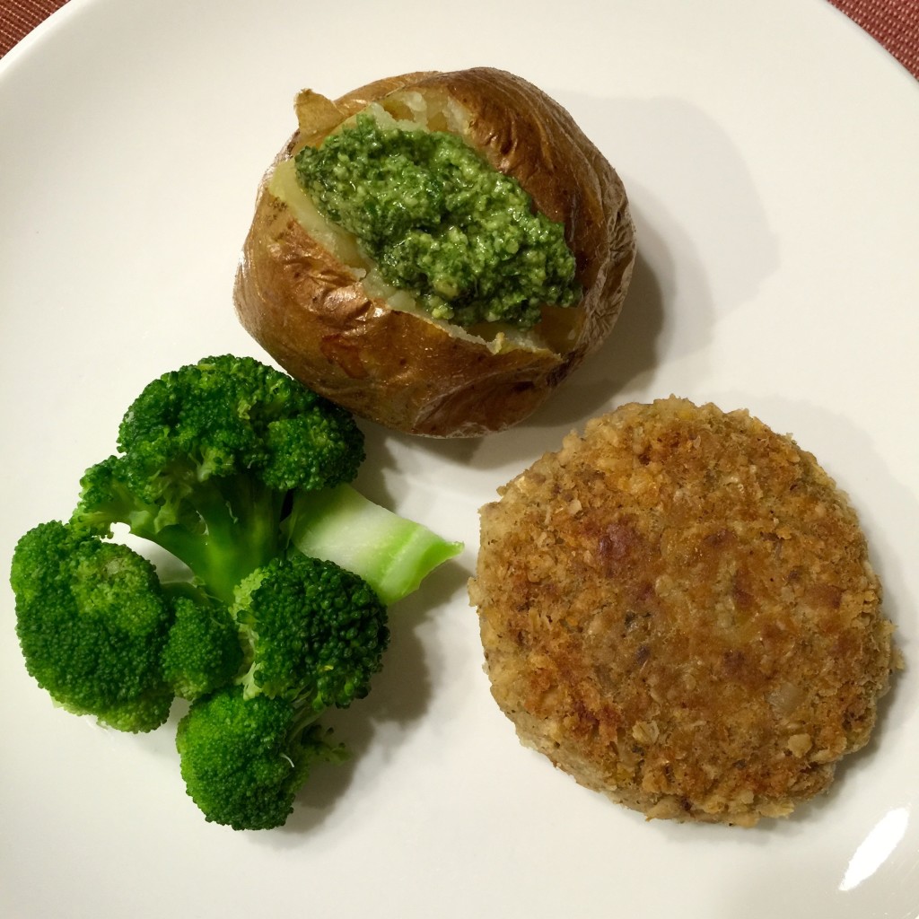 Chickpea salmon pattie, baked potato with pesto, steamed broccoli
