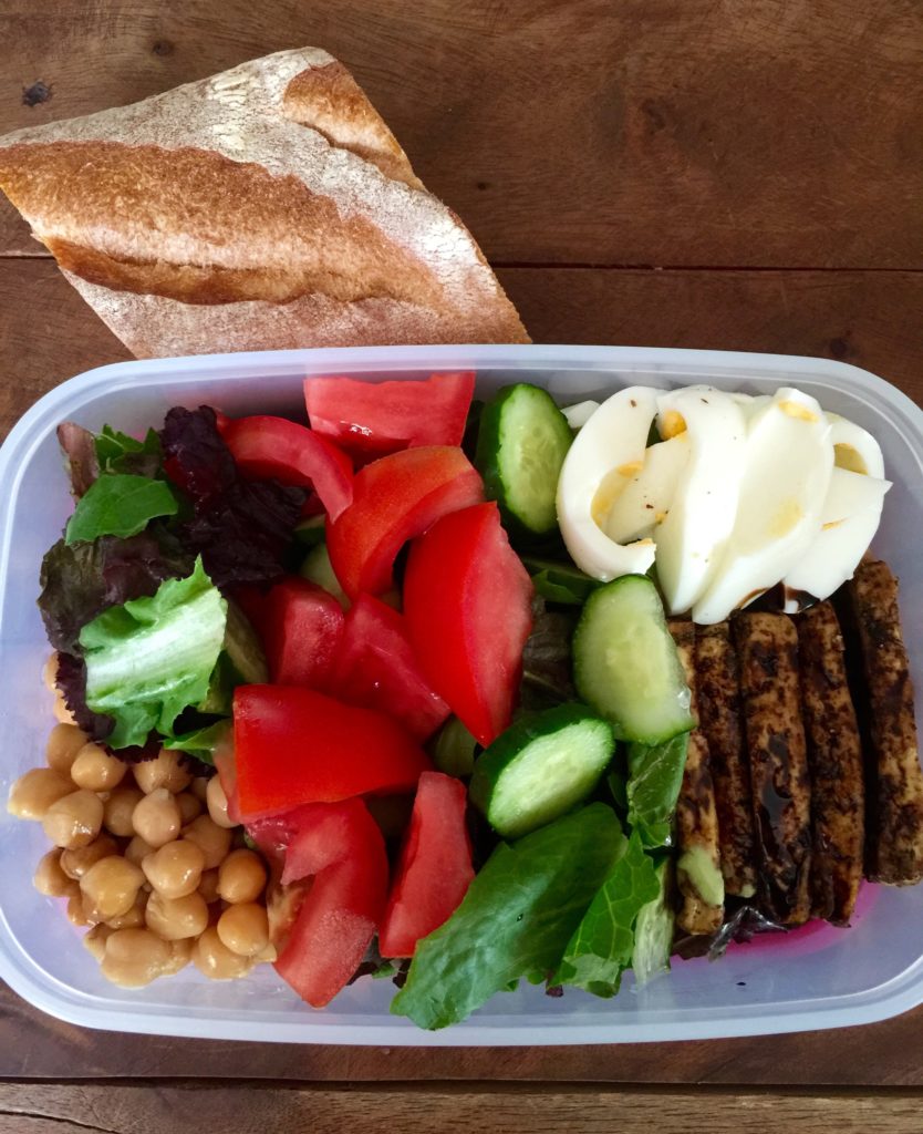 Salad with baked tofu, boiled egg, & chickpeas