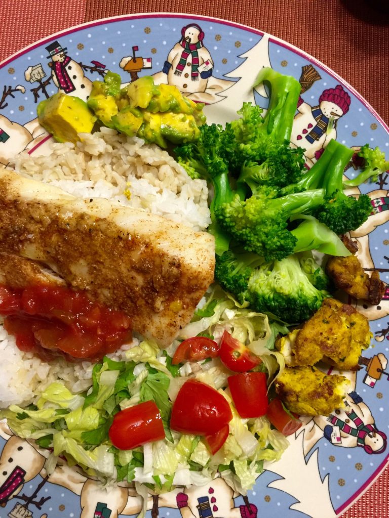 Fish & rice, salad, broccoli, avocado