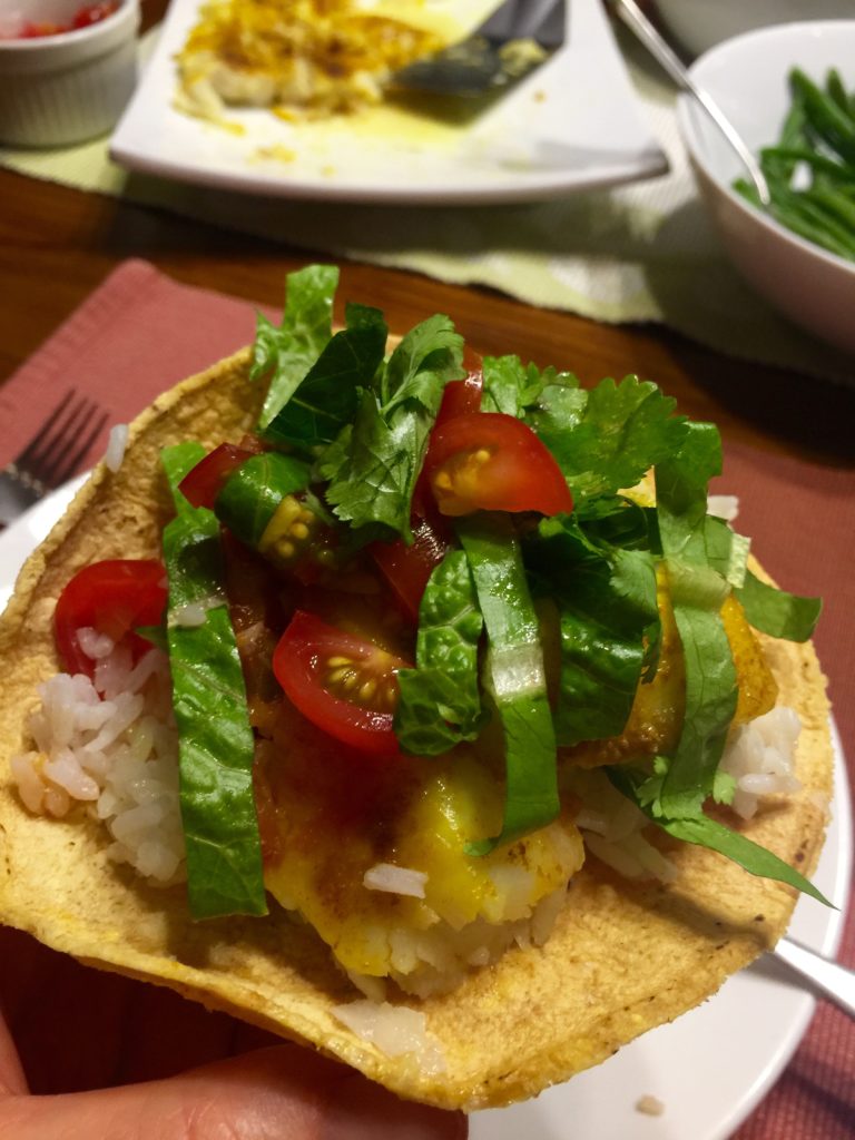 Dinner: fish tacos... cumin & coriander-seared halibut, rice, corn tortillas, lettuce/tomato/salsa