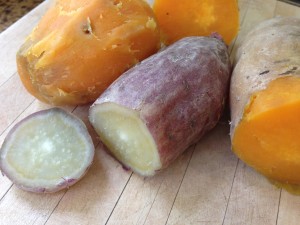 Just 2 of the several types of camote (sweet potato/yam) in Philippines.  The orange-fleshed one is moist and sweet, while the white-fleshed one is more firm and nutty-tasting.