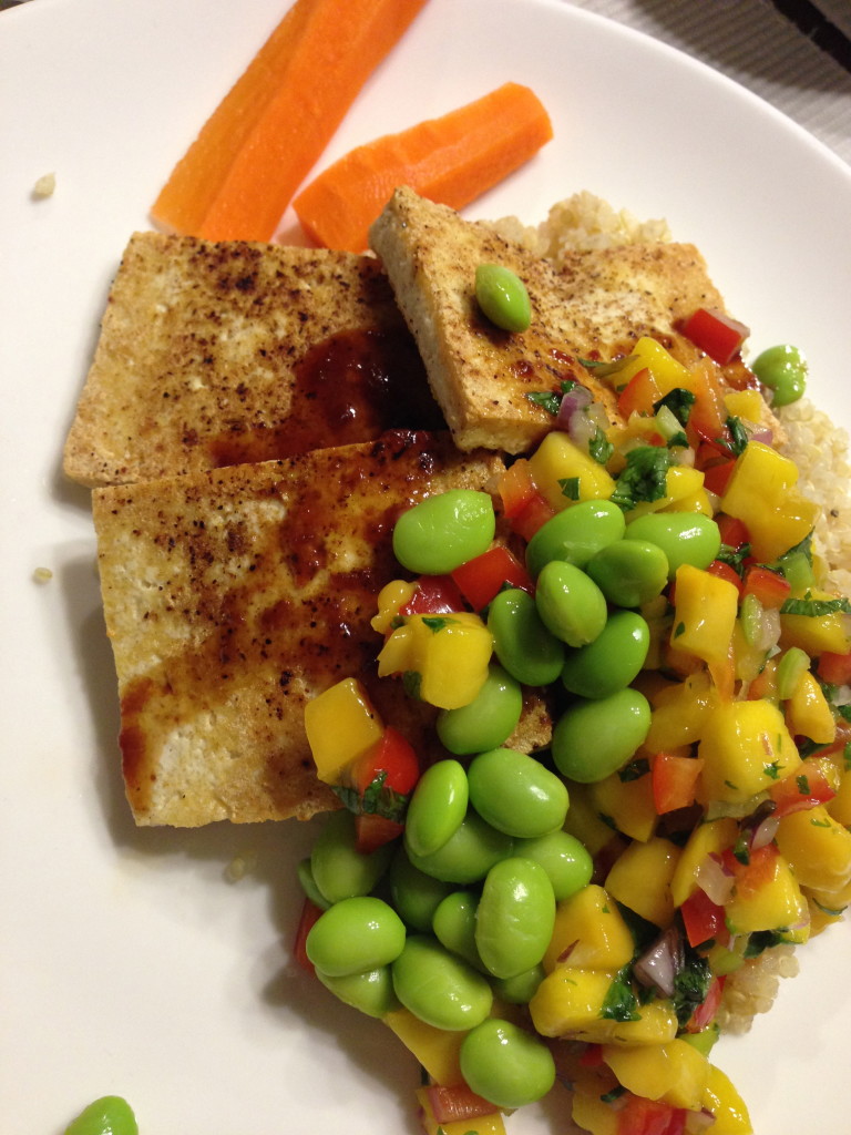 Blackened tofu + edamame + chili jam sauce, + mango salsa = flavor addiction!