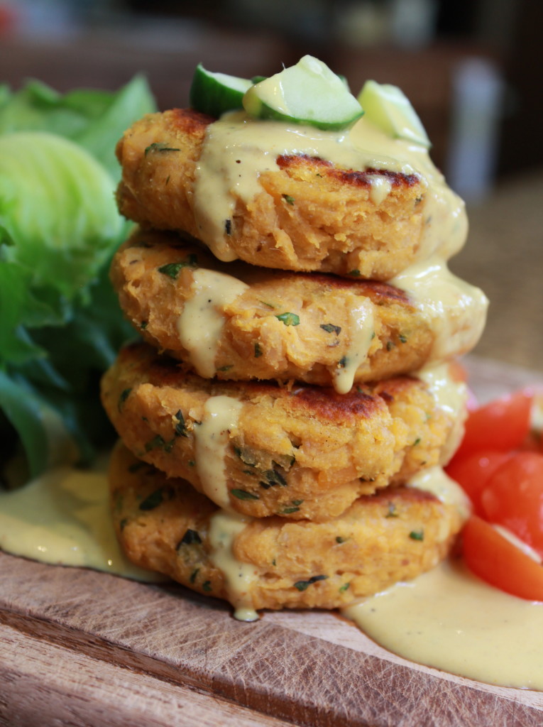 Vegan camote (Philippine sweet potato) falafel with curried tahini dressing