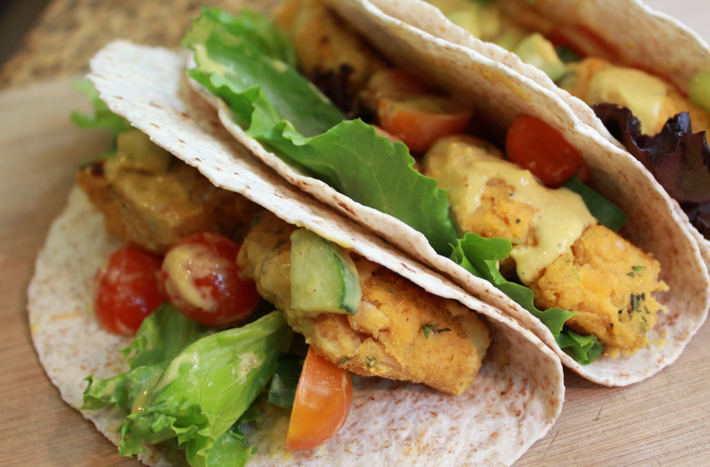 Vegan camote falafel with curried tahini dressing, perfect for lunch!