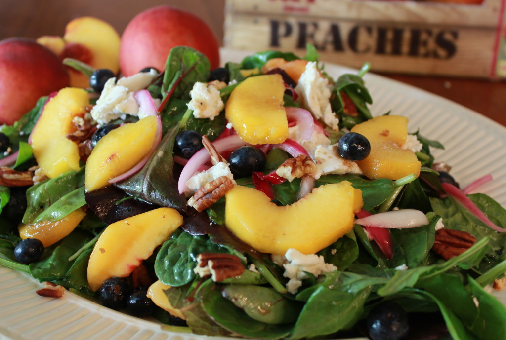 Peach & blueberry salad with goat cheese, pecans, & pickled onions