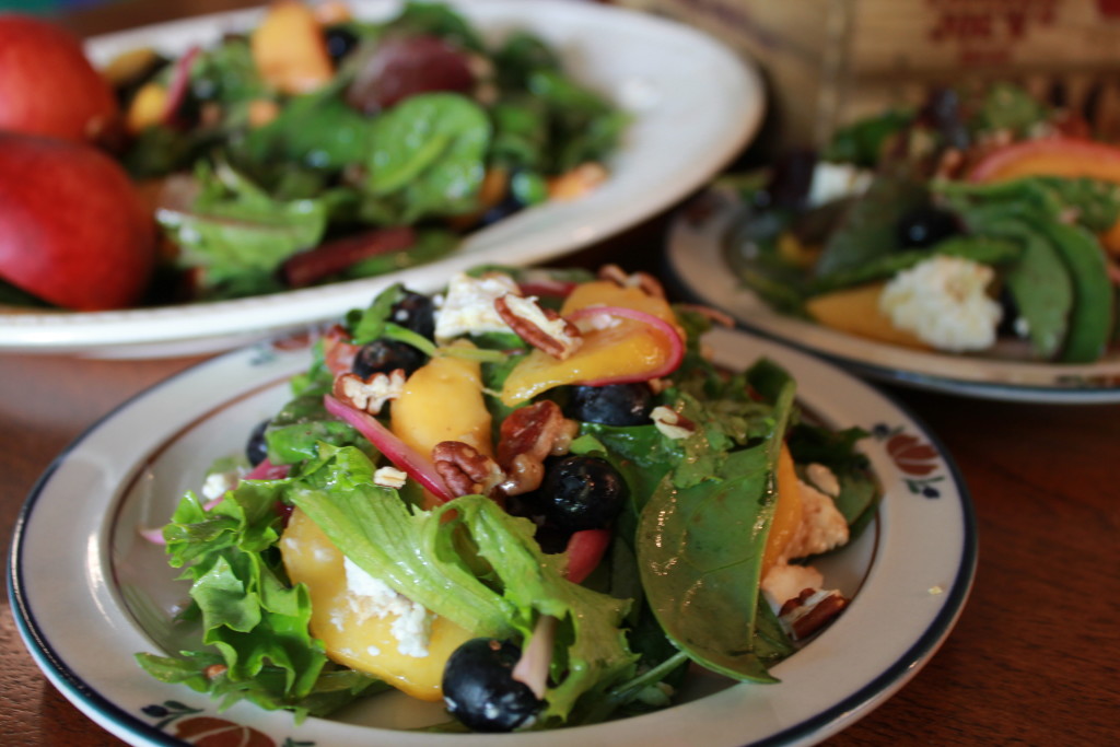 Peach & blueberry salad with goat cheese, pecans, & pickled onions