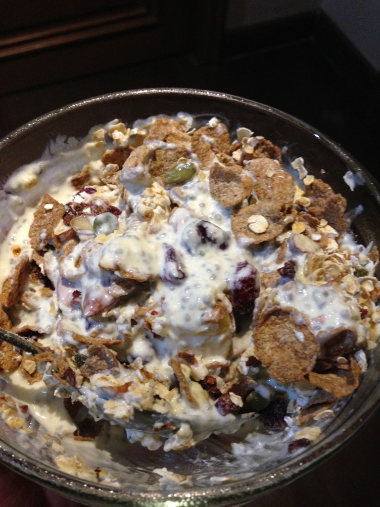 Greek yogurt with muesli, chia seeds, & mangoes