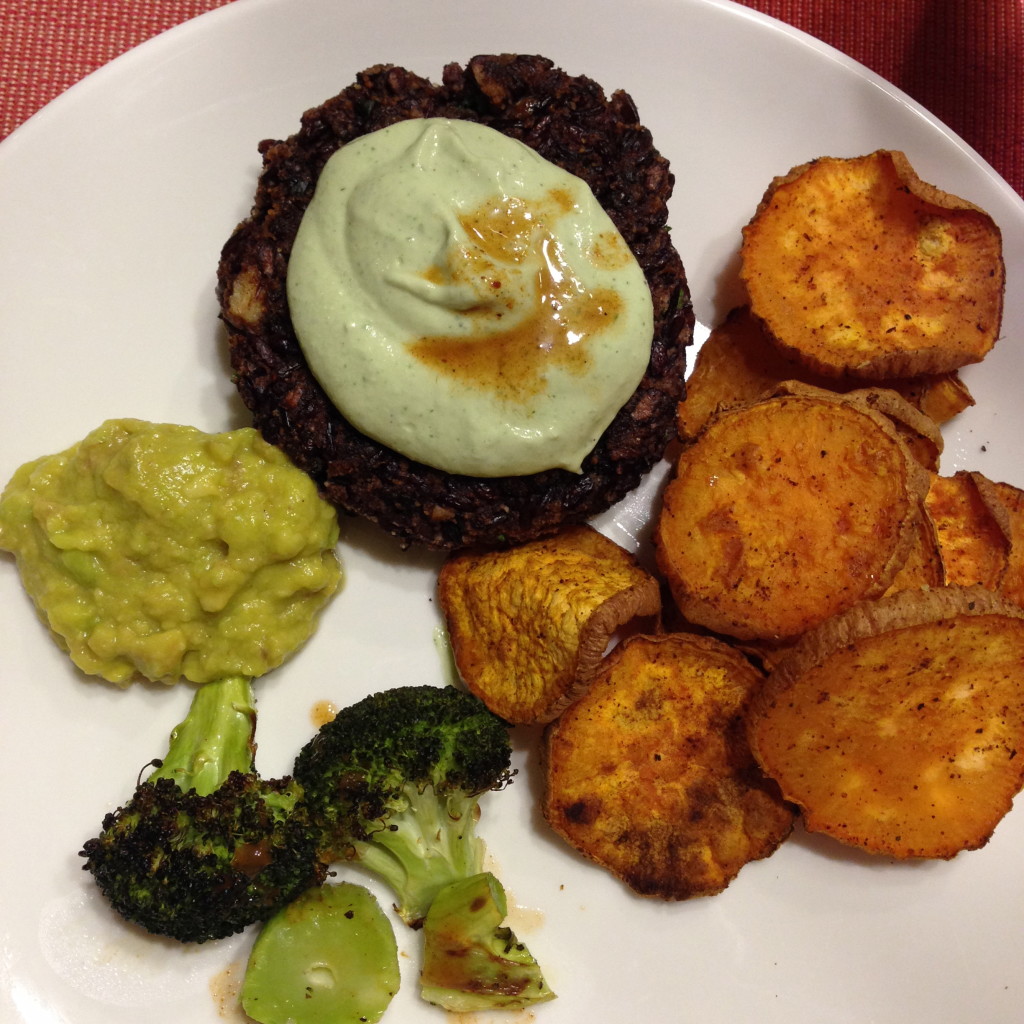 Black rice burger and roasted sweet potatoes