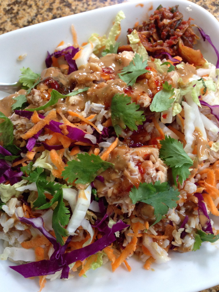 Cabbage & salmon salad with peanut sauce