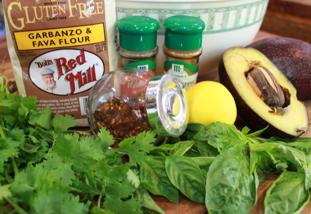 Ingredients for chickpea pancakes with avocado & dried chilies