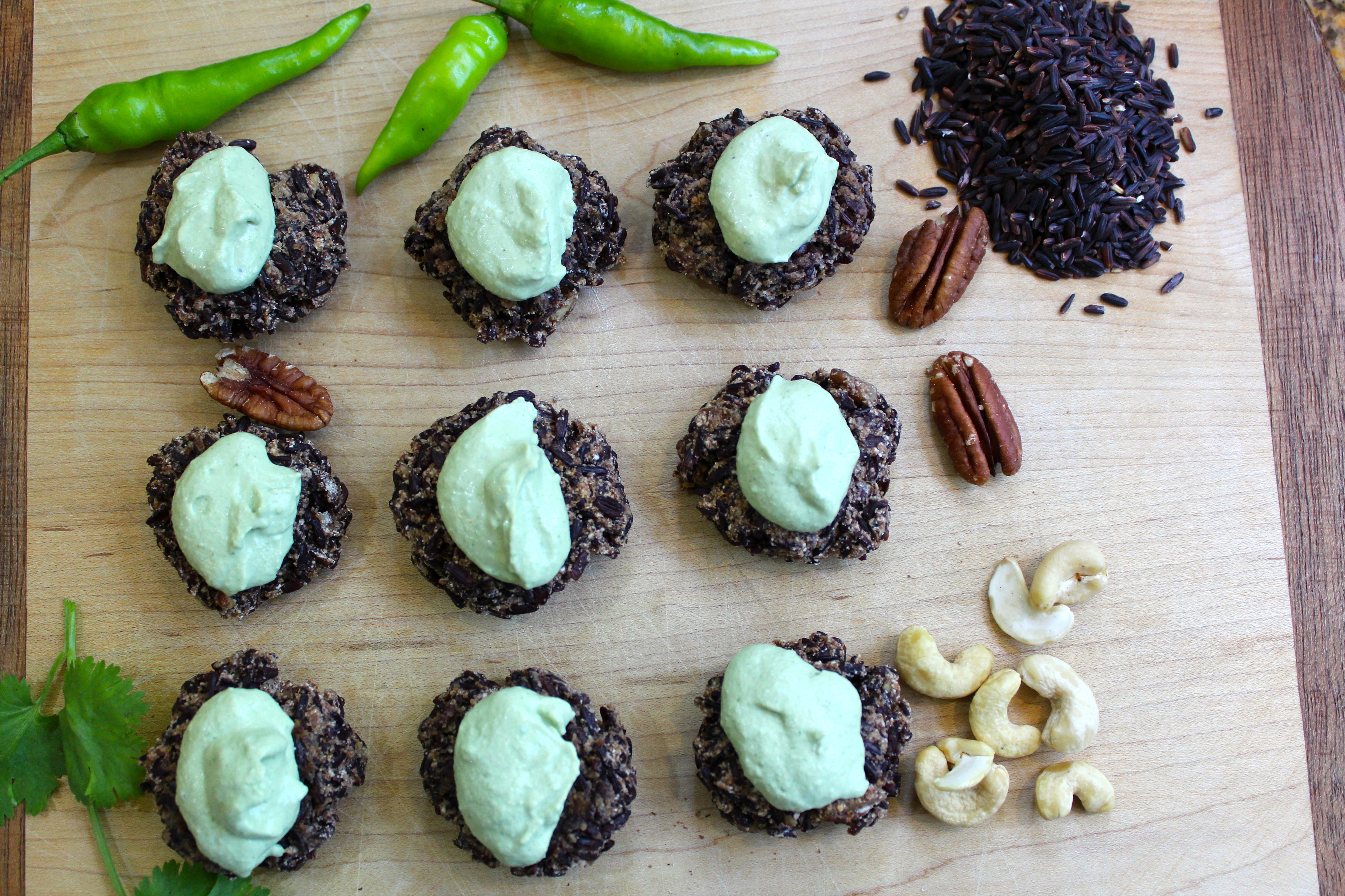 Black Rice Pecan Burgers with Cilantro-Chili Cashew Cream