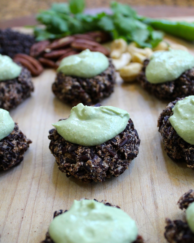 Black rice pecan burgers with cilantro-chili cashew cream