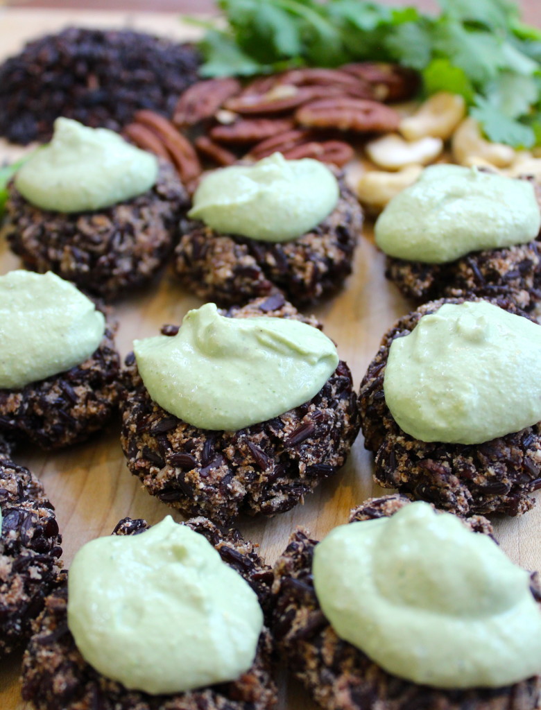 Black rice pecan burgers with cilantro-chili cashew cream