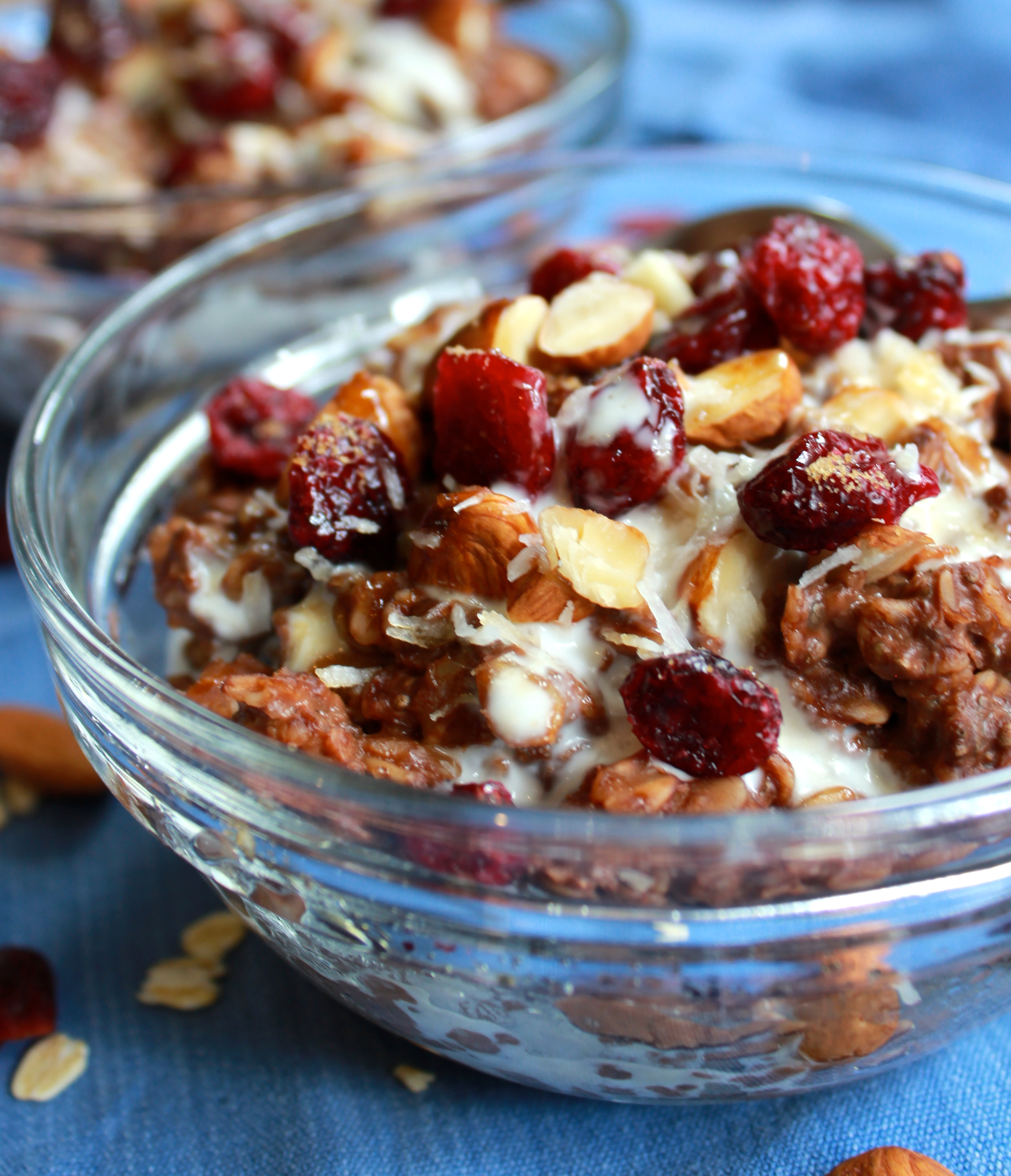 Add dried cranberries, chopped almonds, and unsweetened coconut for toppings!