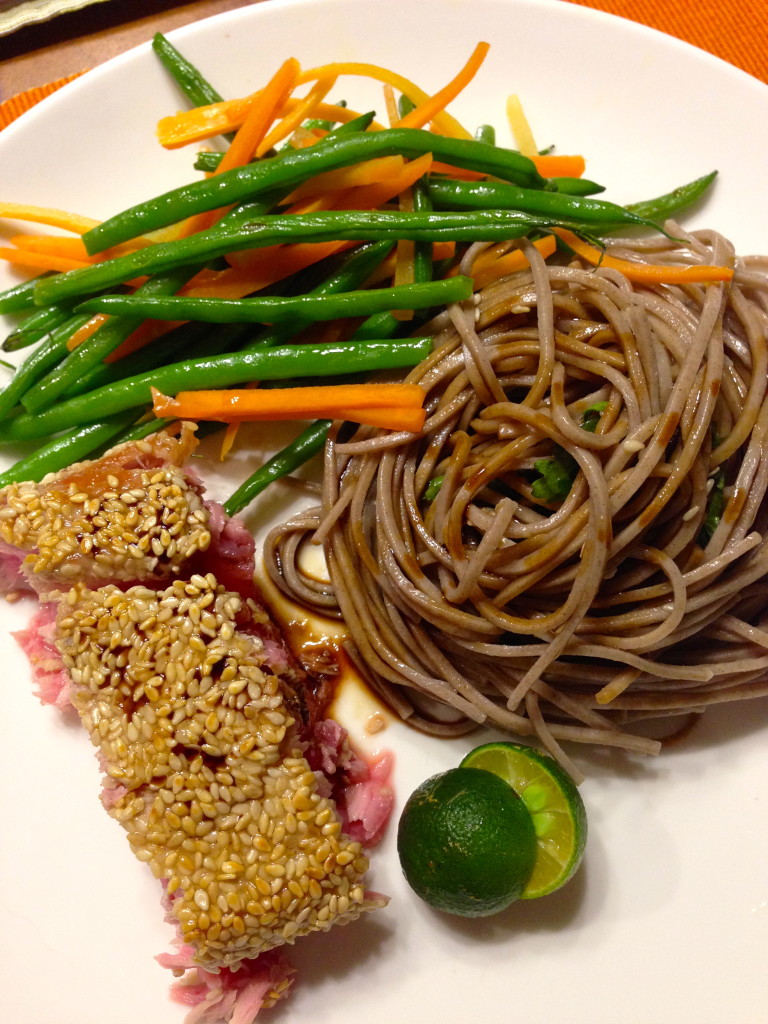 Seared sesame tuna with soba noodles & vegetables