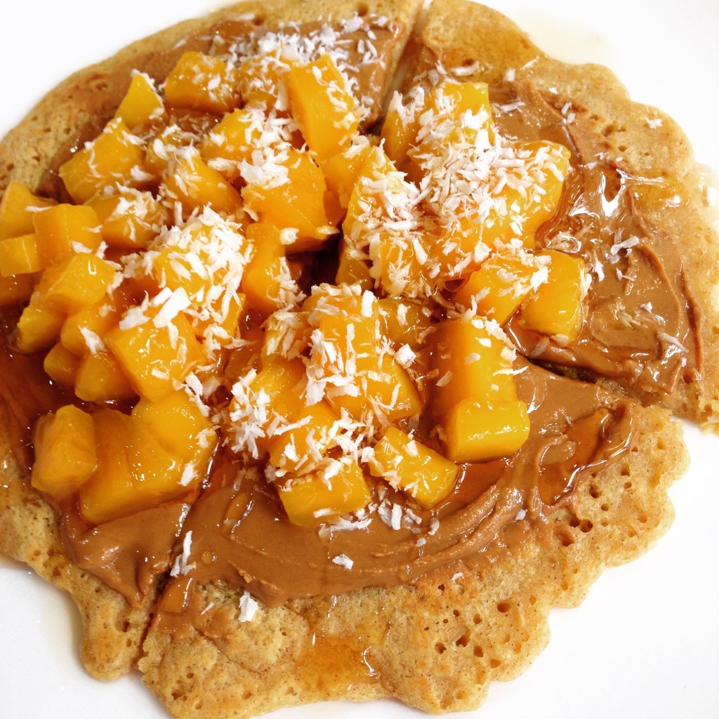 Chickpea pancake with sunbutter, mango & coconut