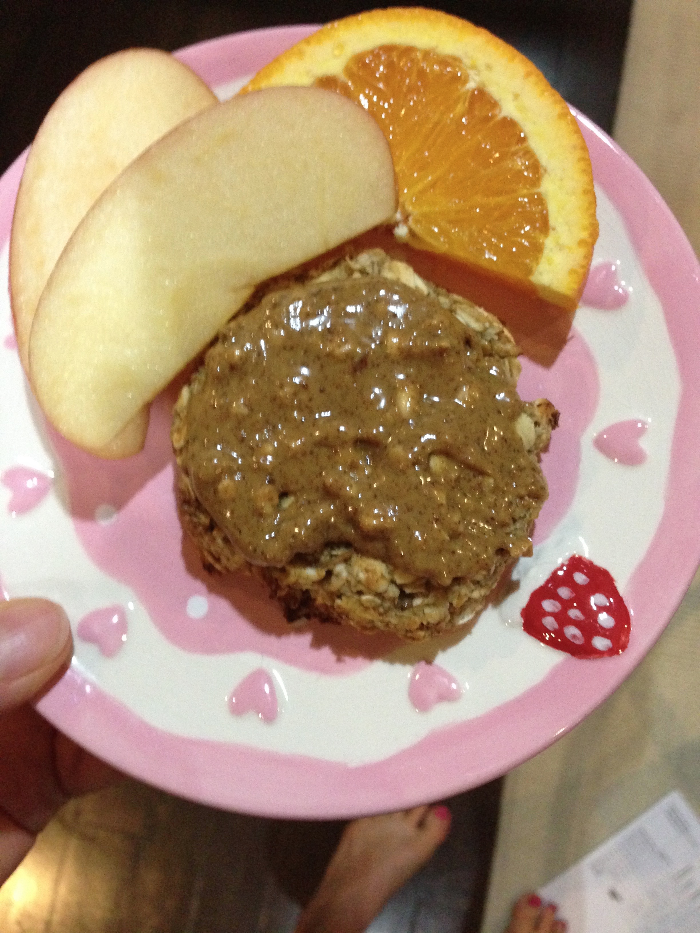 Banana oat cookie with almond butter, fruit