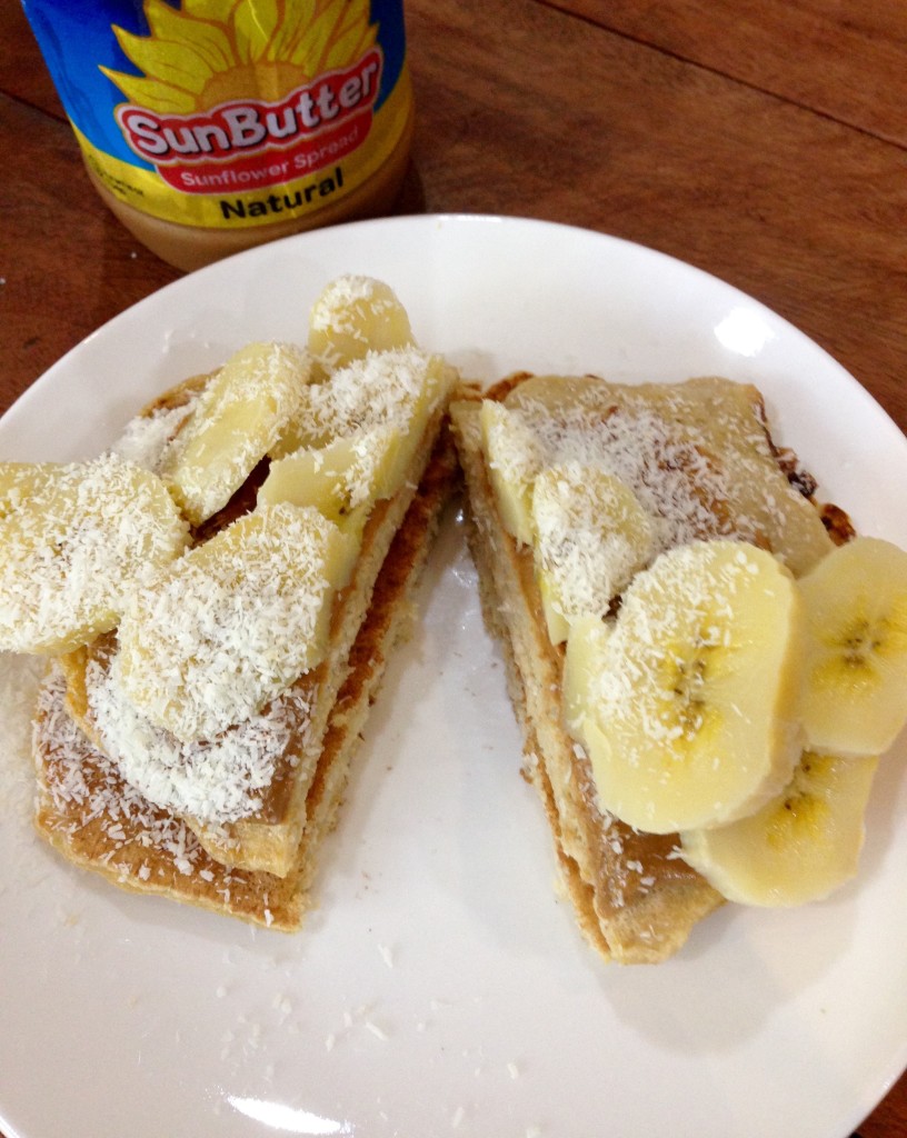 Oat pancakes with sunbutter, saba, & coconut