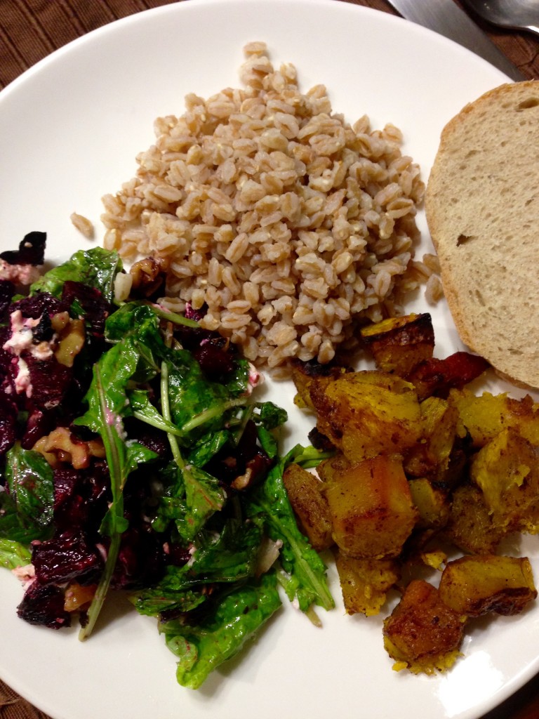 Farro, roasted beet salad, roasted pumpkin