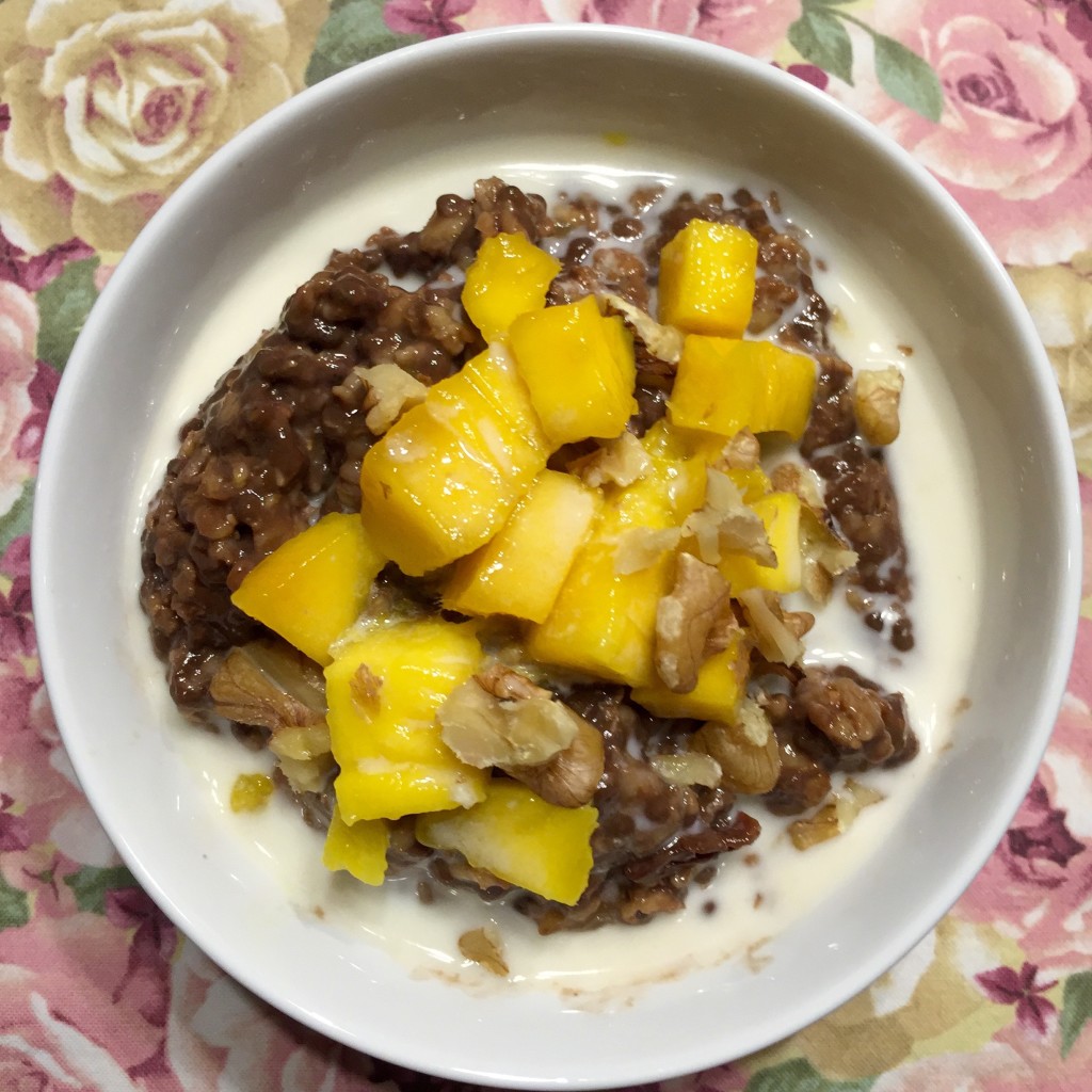 Chocolate chia champorado with mango