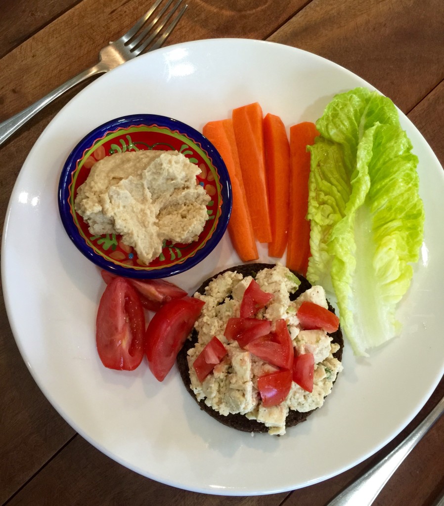 Tofu "egg" salad on rye, hummus, veggies