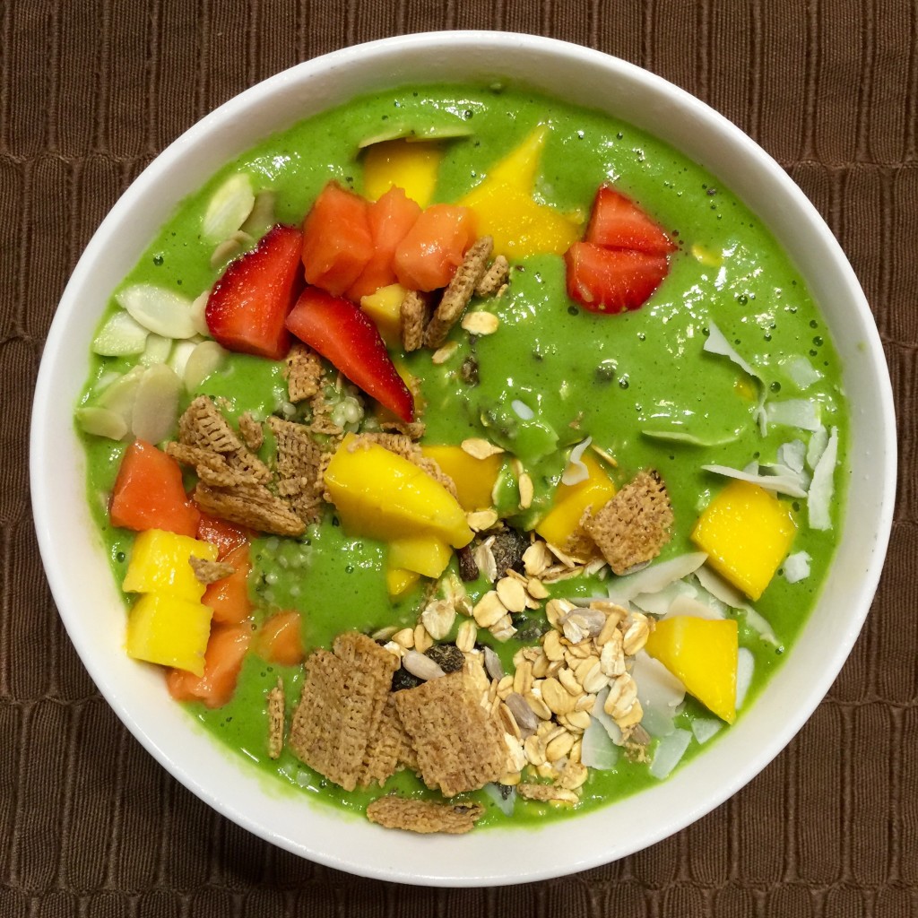 Breakfast: green smoothie bowl with random toppings