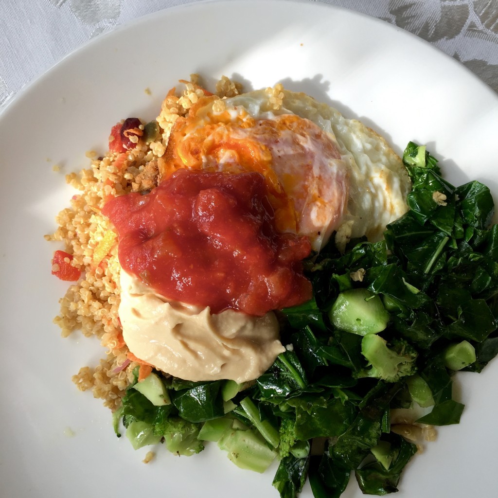 Southwest lentil burger with egg, hummus, salsa, kale & broccoli