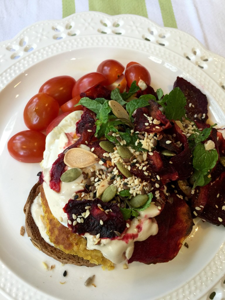 White bean quinoa patty, egg, roasted beet, tahini yogurt sauce, mint