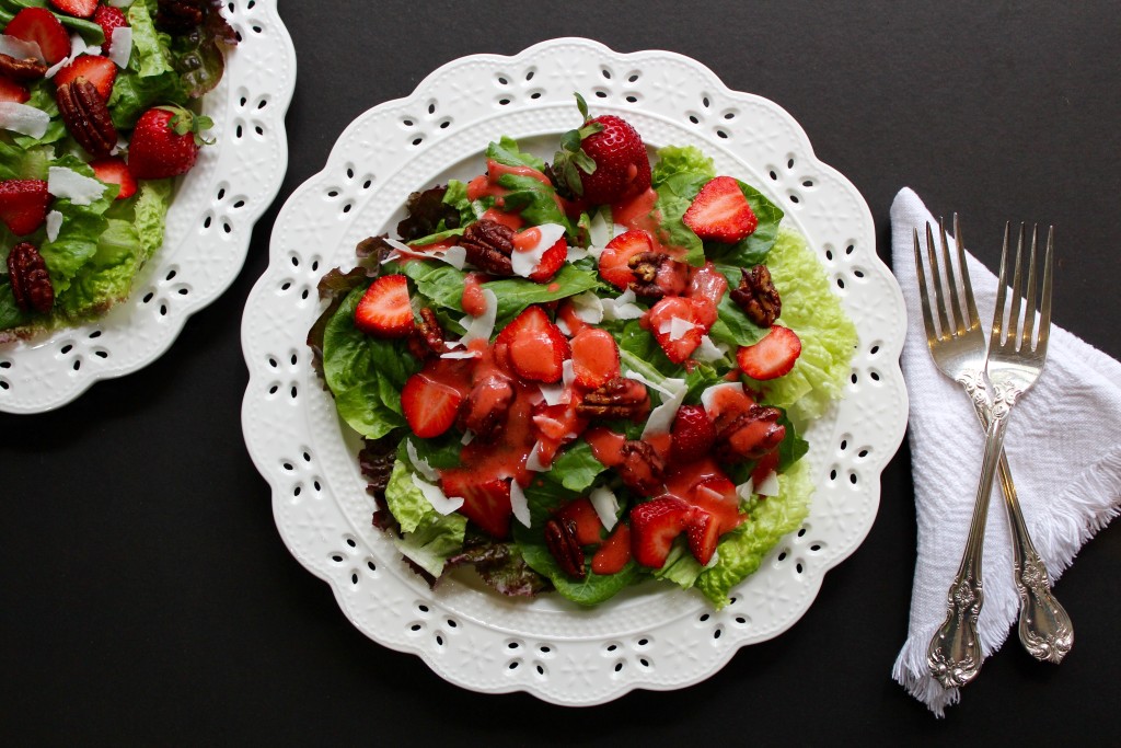 Strawberry Coconut Salad with Spicy Pecans & Fresh Strawberry Dressing