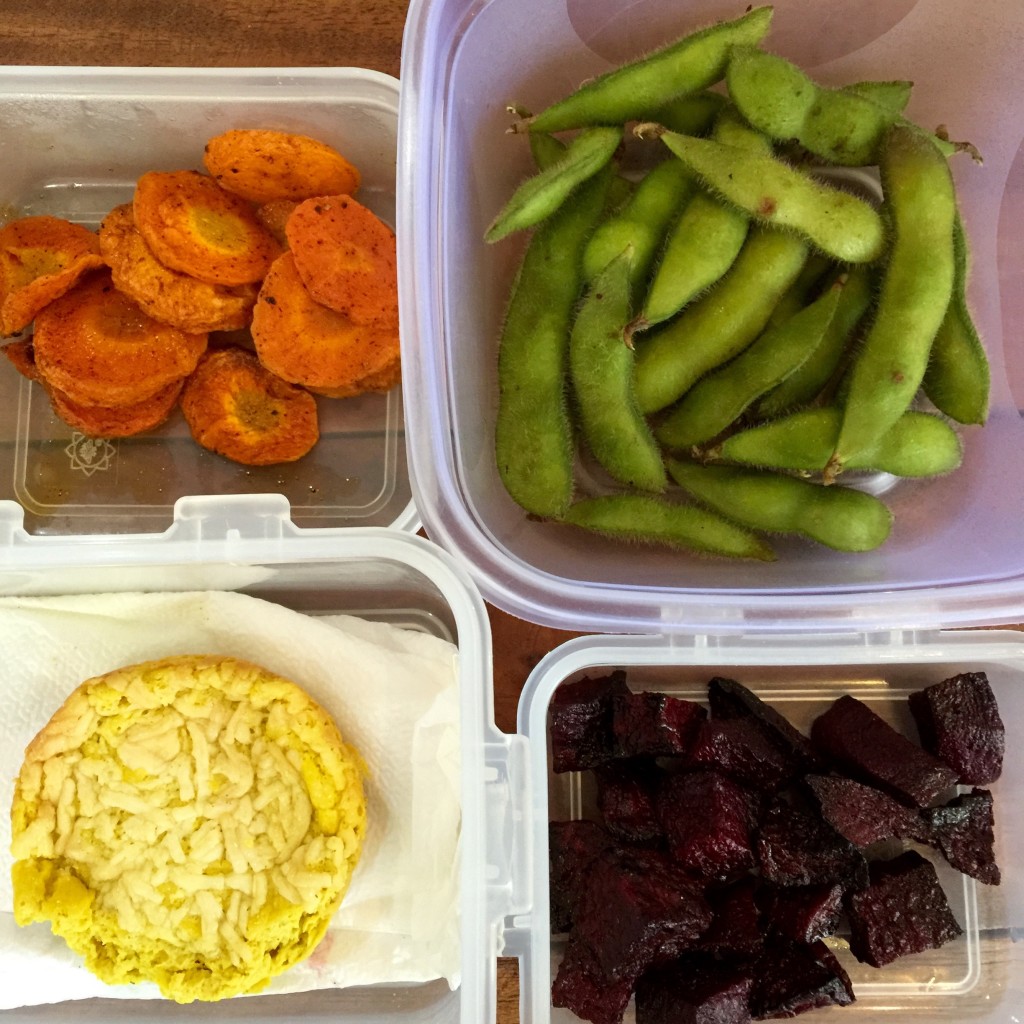 Edamame, roasted carrots, tofu quiche, roasted beets