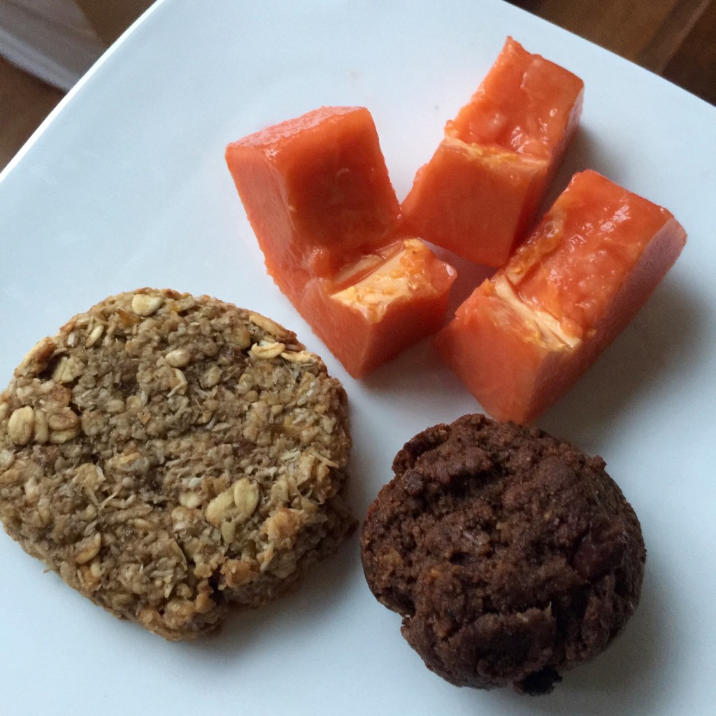 Banana oat cookie, chocolate almond muffin, papaya