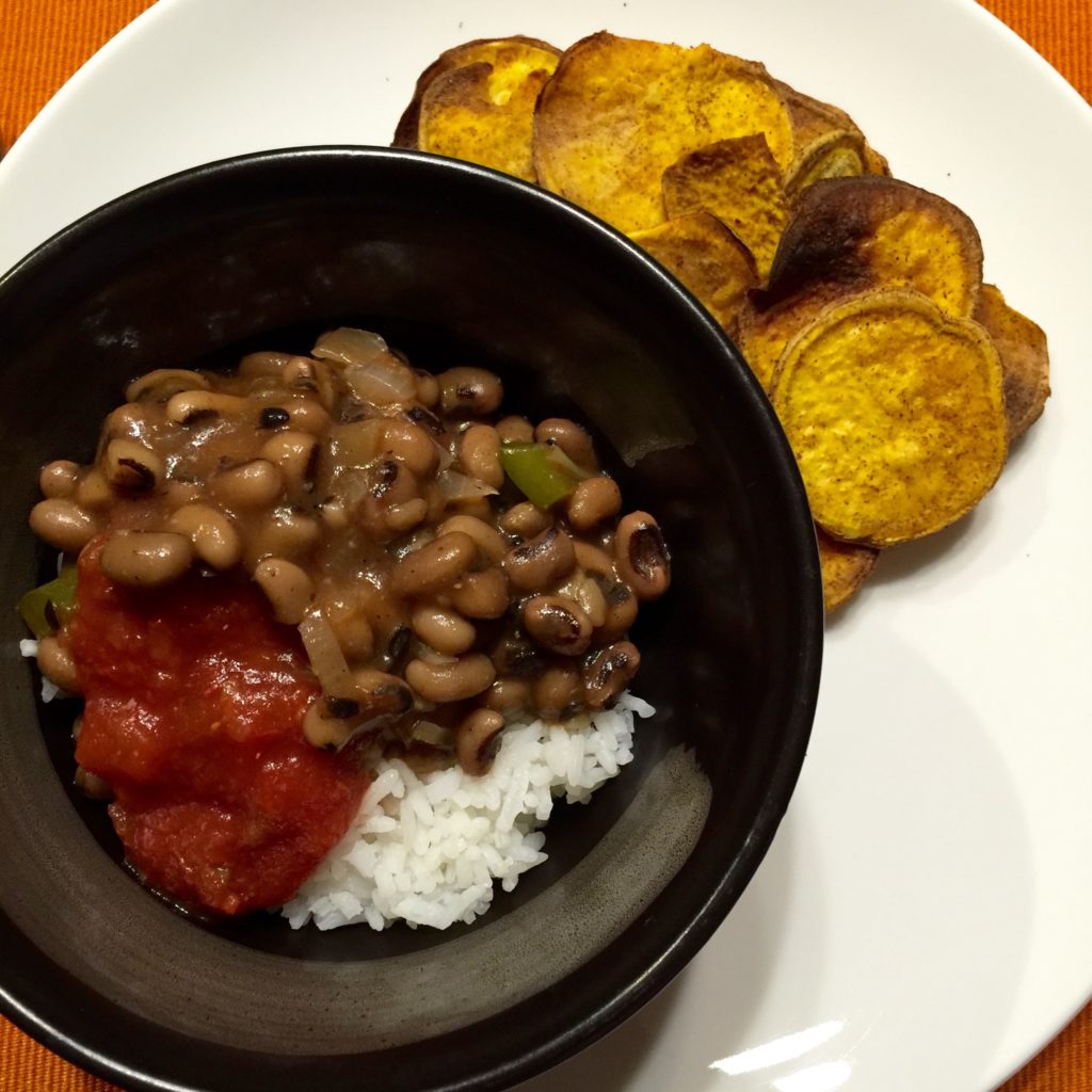Black-eyed peas & rice, salsa, roasted camote