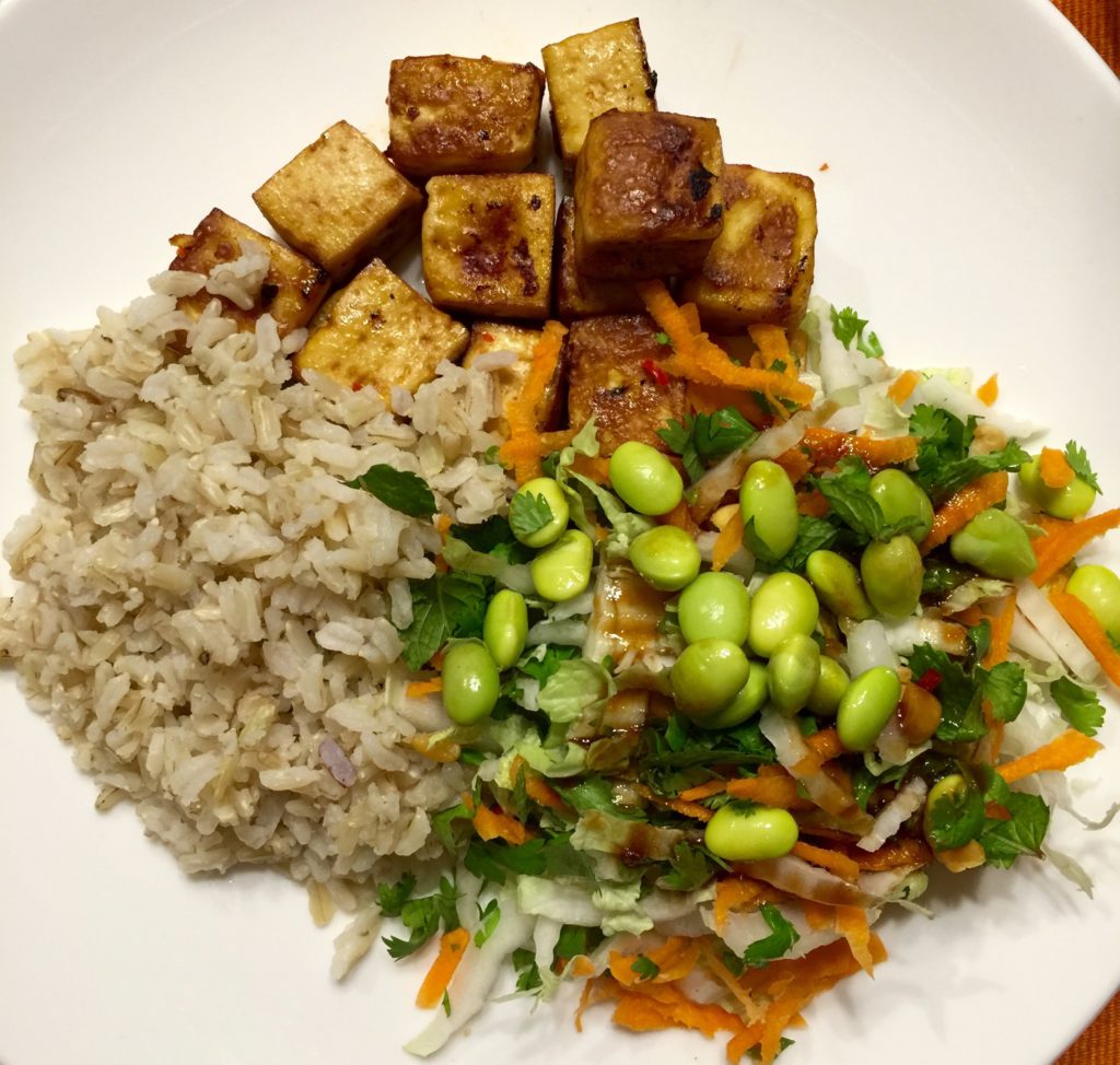 Baked chili tofu, brown rice, cabbage salad with edamame & mint