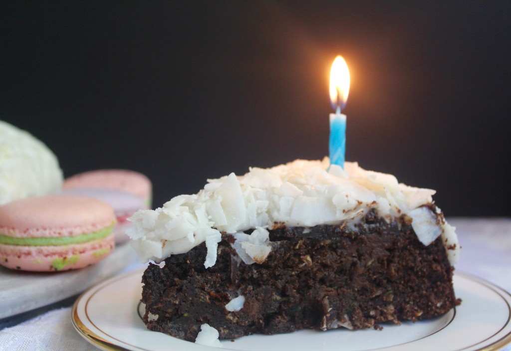 Chocolate zucchini cake with coconut frosting