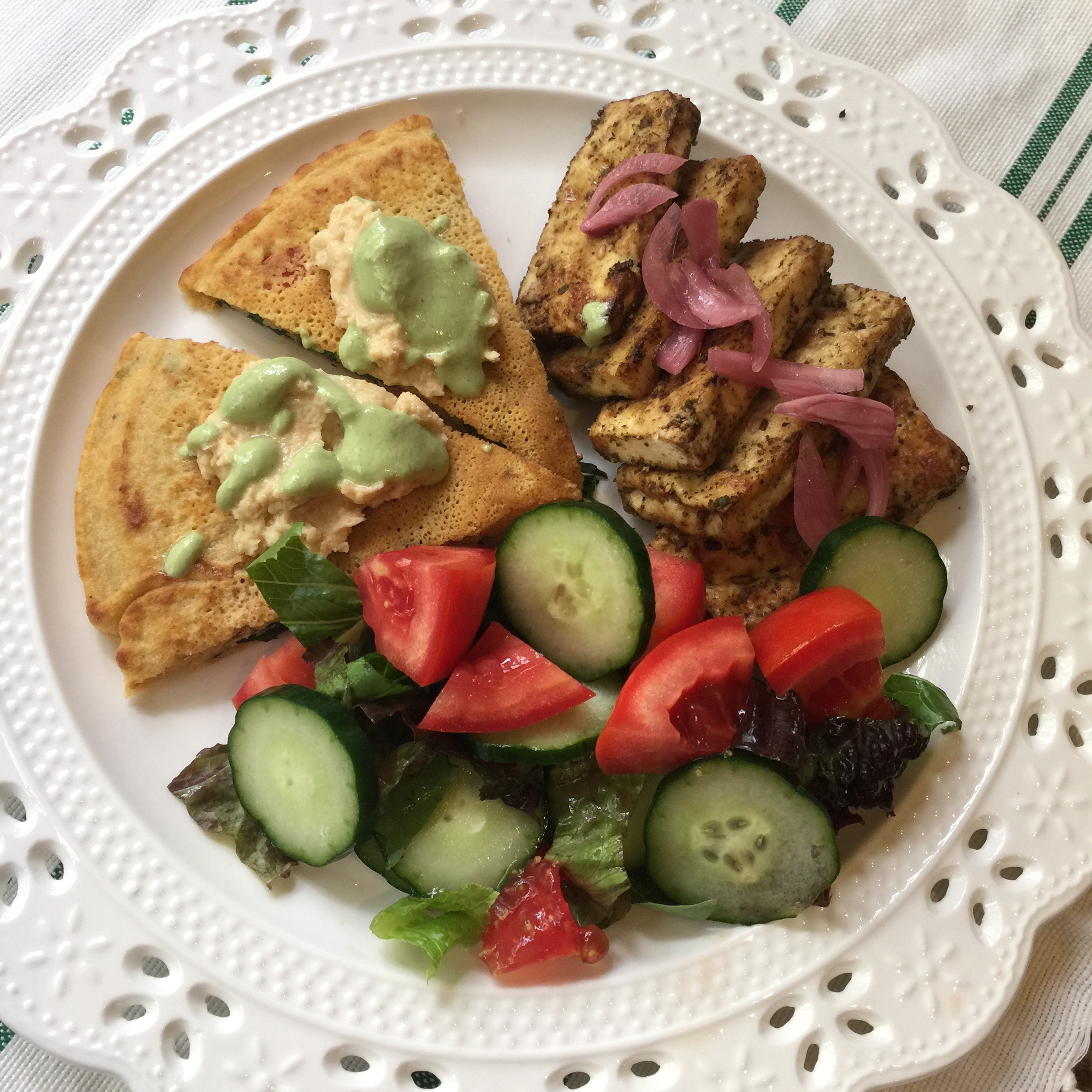 Chickpea omelette, baked tofu, salad