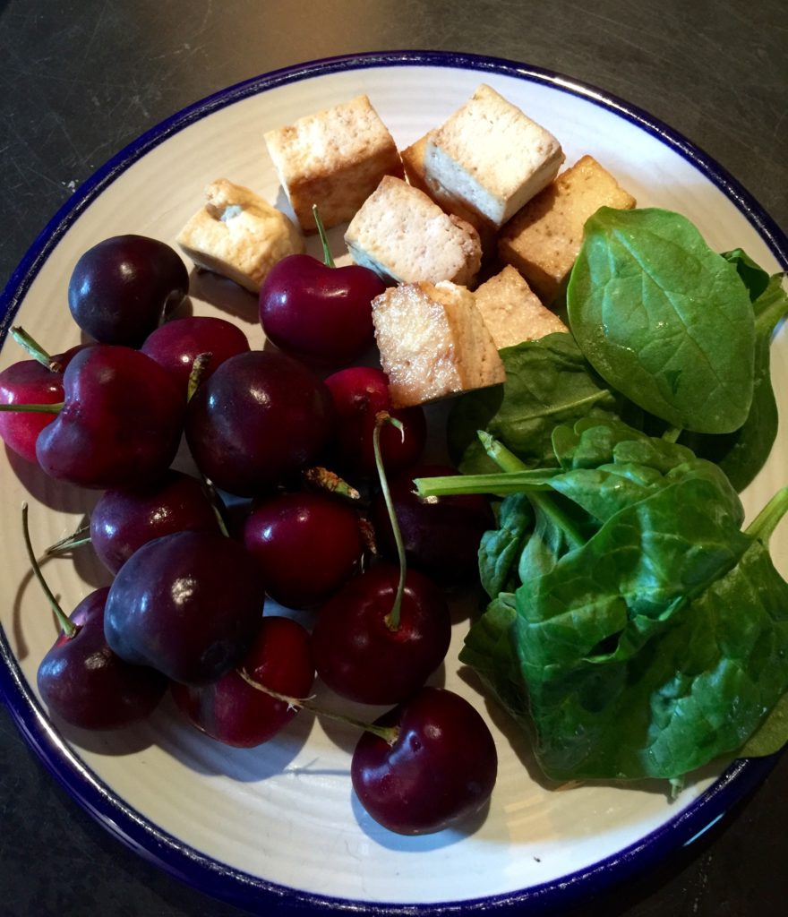 Fresh cherries, spinach, & tofu