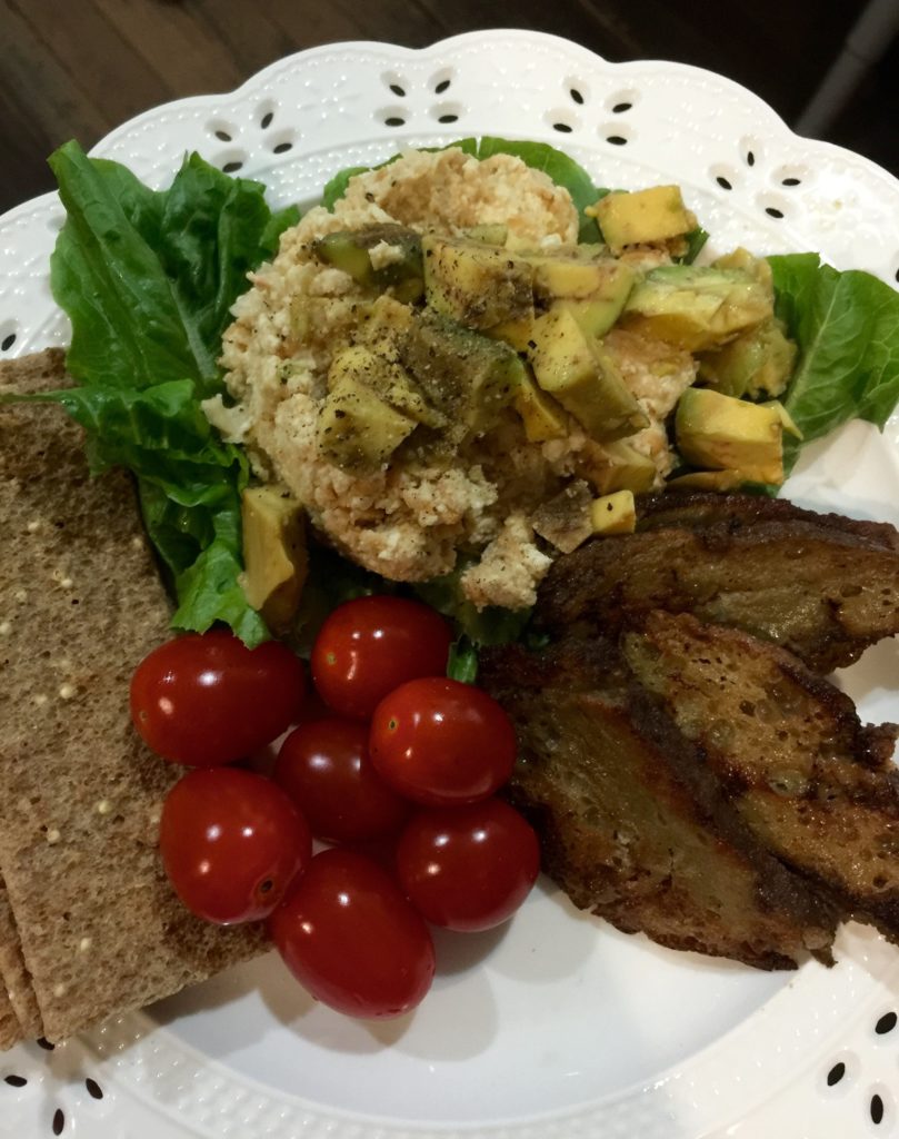 Chickpea egg salad, seitan, tomatoes