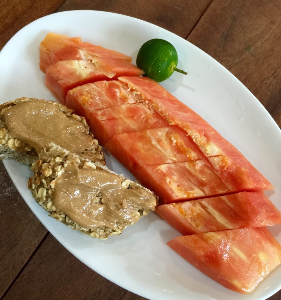 Banana oat cookie with cashew butter, papaya