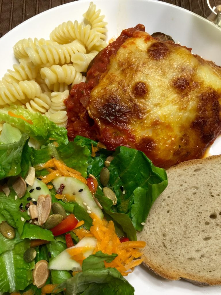 Zucchini & eggplant casserole, salad