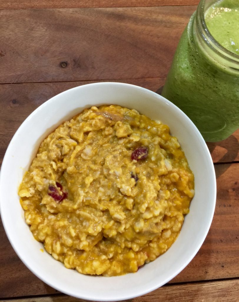 Pumpkin cranberry oats, green protein smoothie